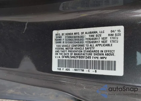 2015 Honda Odyssey Ex-L из США, поврежденный, VIN 5FNRL5H62FB091349